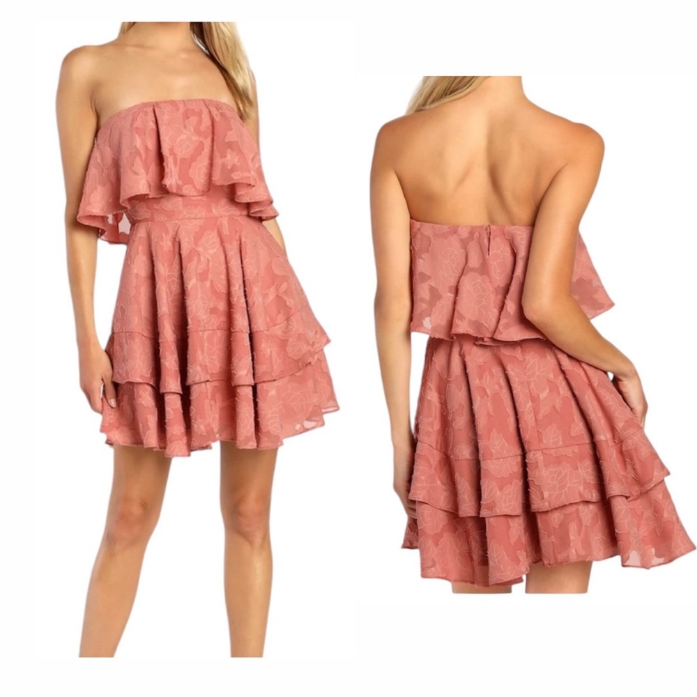 NWT Lulu's True Lover Floral Ruffled Strapless Mini Party Dress Pink Size XL